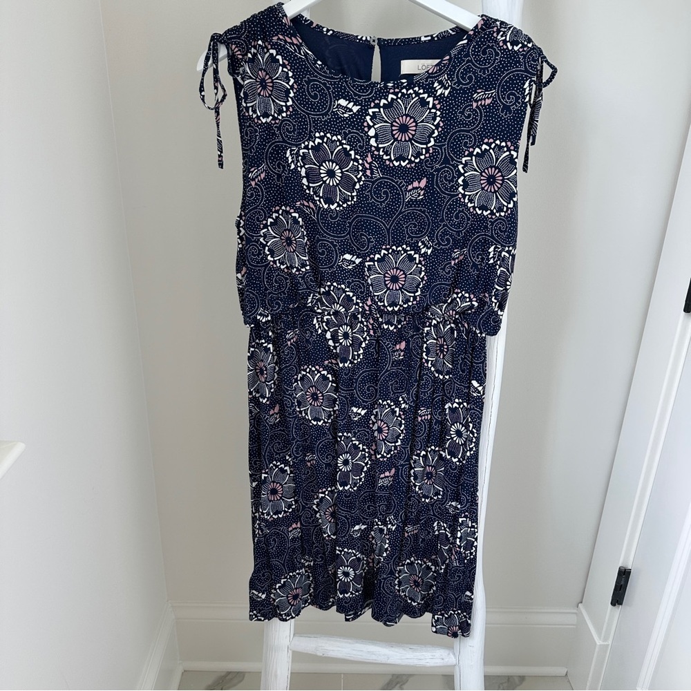 LOFT Floral Cinched Shoulder Sundress Navy Size Large